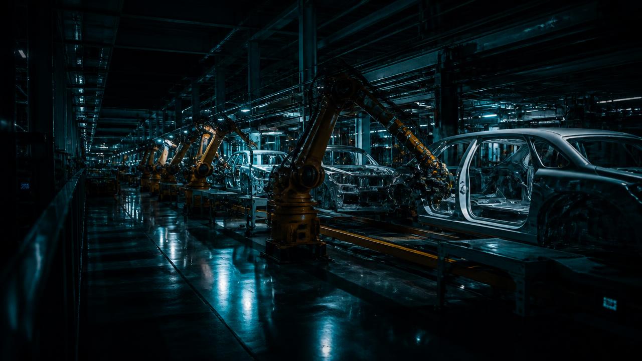 Robotic manufacturing line at night